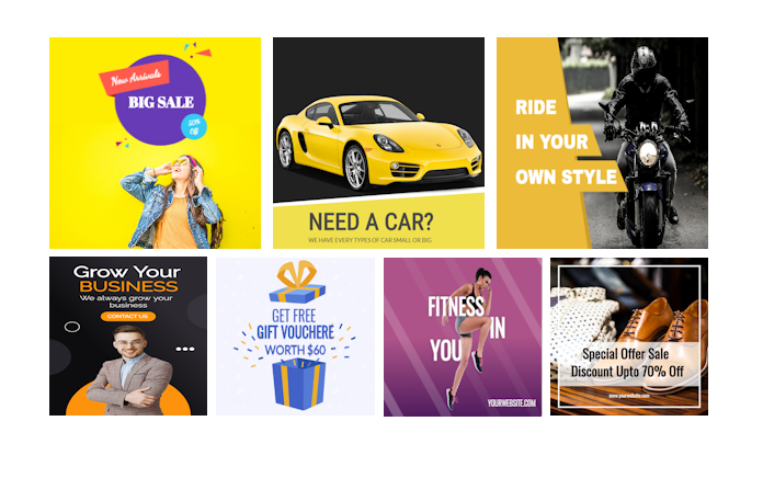 Muestra de posts de redes sociales en diferentes formatos