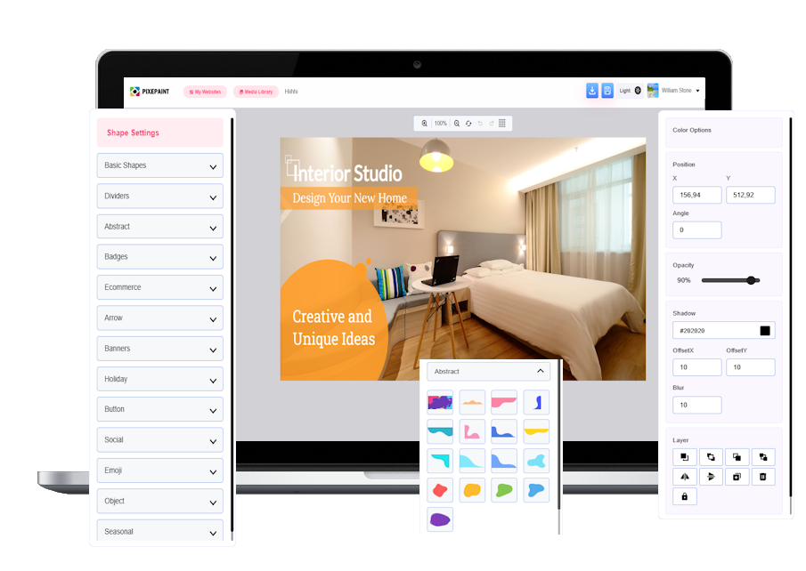 Vista del panel de la biblioteca de formas y elementos gráficos